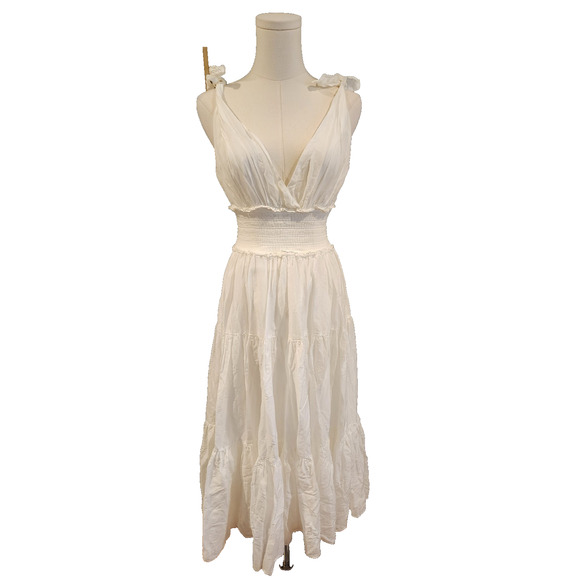 CINQ À SEPT Tamar Tie-Strap Smocked Waist Tiered Dress Ivory Size 2 - Picture 3 of 7